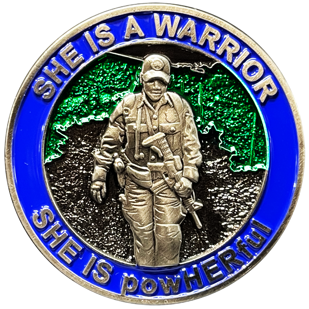 She is a powHERful Warrior thin blue line Police Border Patrol CBP Military Tactical Female Challenge Coin Agent Officer CBP ATF BL6-006 - www.ChallengeCoinCreations.com