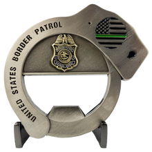 Load image into Gallery viewer, Border Patrol Handcuff Challenge Coin Cuff Bottle Opener Thin Green Line BP Agent CL7-18 - www.ChallengeCoinCreations.com