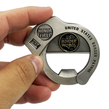 Load image into Gallery viewer, Border Patrol Handcuff Challenge Coin Cuff Bottle Opener Thin Green Line BP Agent CL7-18 - www.ChallengeCoinCreations.com