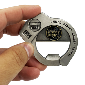 Border Patrol Handcuff Challenge Coin Cuff Bottle Opener Thin Green Line BP Agent CL7-18 - www.ChallengeCoinCreations.com