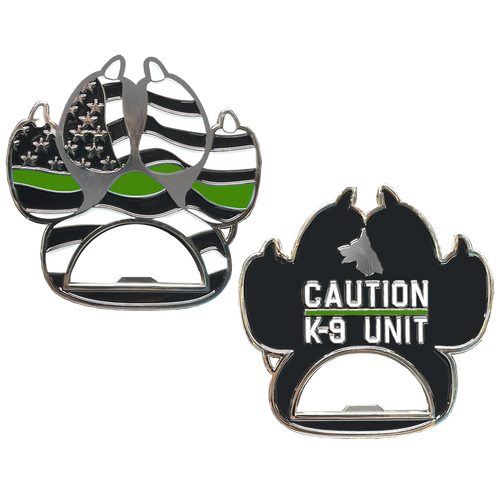 Thin Green Line Police Canine K9 unit paw bottle opener Border Patrol Deputy Sheriff Army Marines challenge coin BL16-011 - www.ChallengeCoinCreations.com
