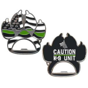 Thin Green Line Police Canine K9 unit paw bottle opener Border Patrol Deputy Sheriff Army Marines challenge coin BL16-011 - www.ChallengeCoinCreations.com