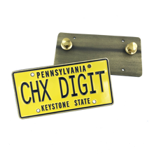 Load image into Gallery viewer, Chicks Dig it CHX DIGIT License Plate dual pin backs The Goldbergs Uncle Marvin Back to the Future GG-019 - www.ChallengeCoinCreations.com