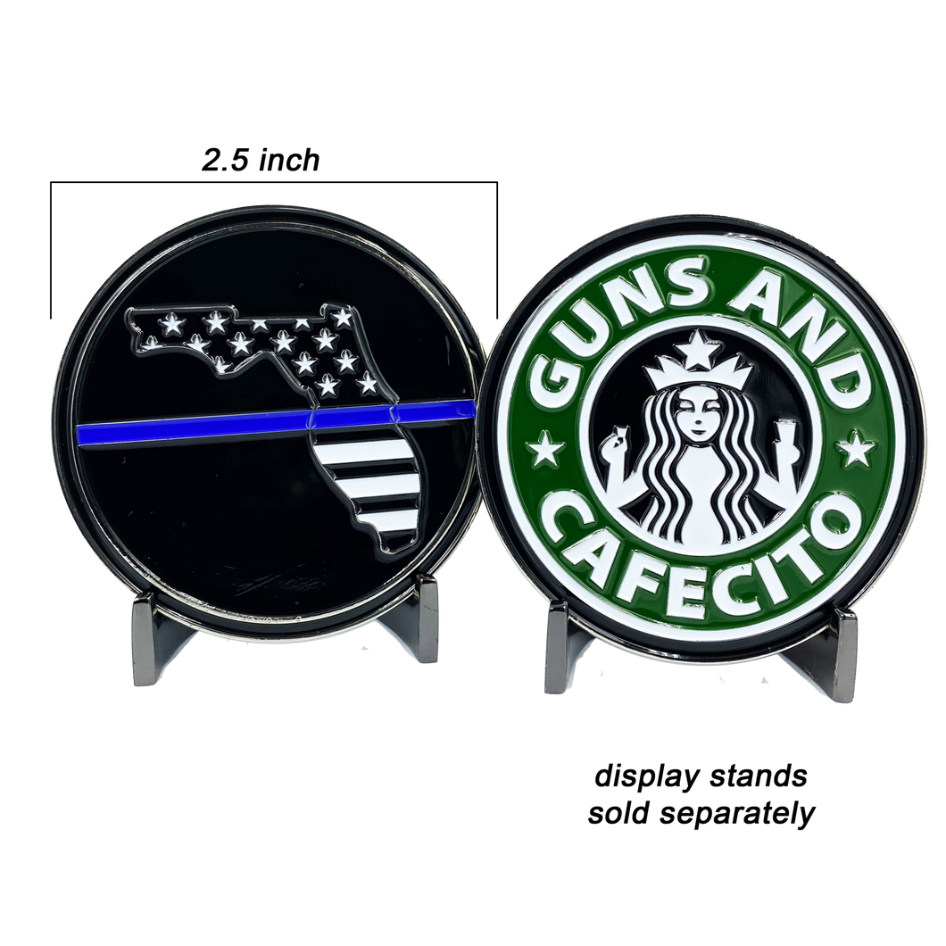 Guns and Cafecito Florida Thin Blue Line Police Challenge Coins Guns and Coffee Miami Tampa Orlando Style KK-021 - www.ChallengeCoinCreations.com