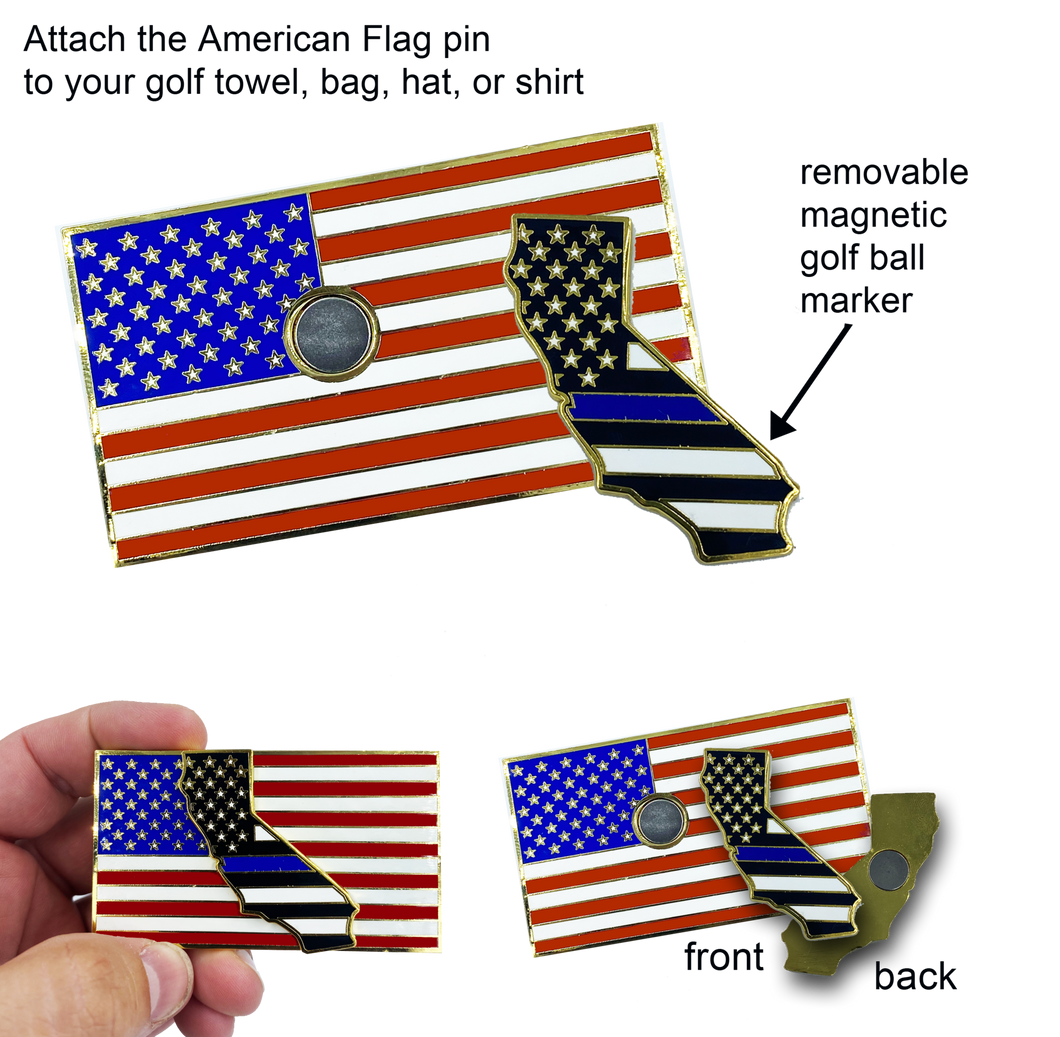 California Thin Blue Line Police Golf Ball Marker American Flag Challenge Coin Pin Magnetic GP-001 - www.ChallengeCoinCreations.com