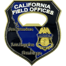 Load image into Gallery viewer, CBP Officer California Field Offices Bottle Opener Challenge Coins California Thin Blue Line Flag BL12-015 - www.ChallengeCoinCreations.com