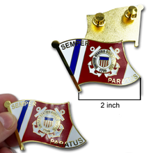 Load image into Gallery viewer, Large cloisonné Coastie Seal Flag Lapel Pin with 2 pin posts and deluxe clasps, USCG Coast Guard SEMPER PARATUS CC-011 - www.ChallengeCoinCreations.com
