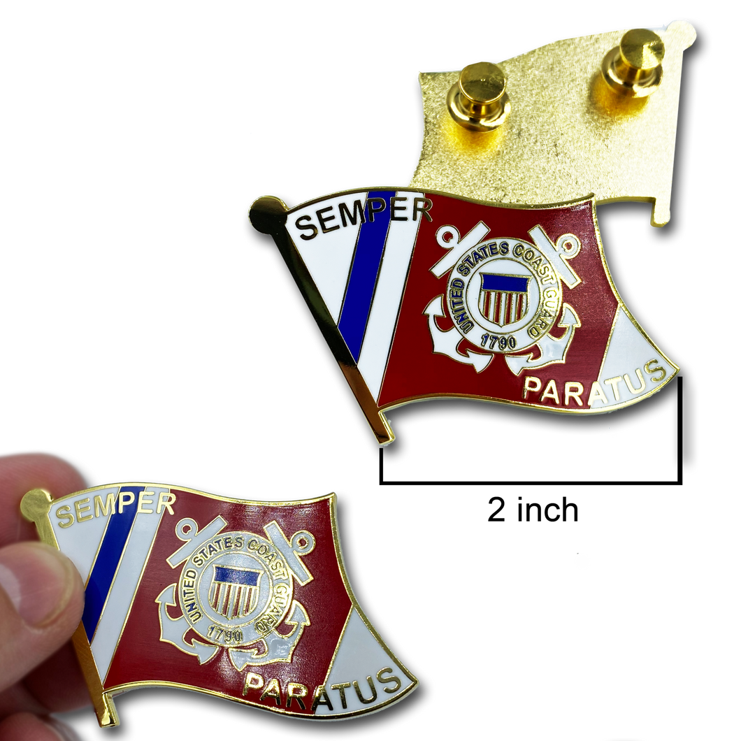 Large cloisonné Coastie Seal Flag Lapel Pin with 2 pin posts and deluxe clasps, USCG Coast Guard SEMPER PARATUS CC-011 - www.ChallengeCoinCreations.com