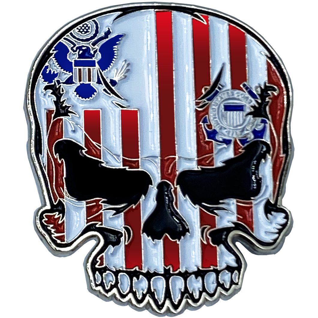 US Coast Guard Flag Coastie Skull Pin with dual pin posts so it won't spin USCG EL3-016 - www.ChallengeCoinCreations.com