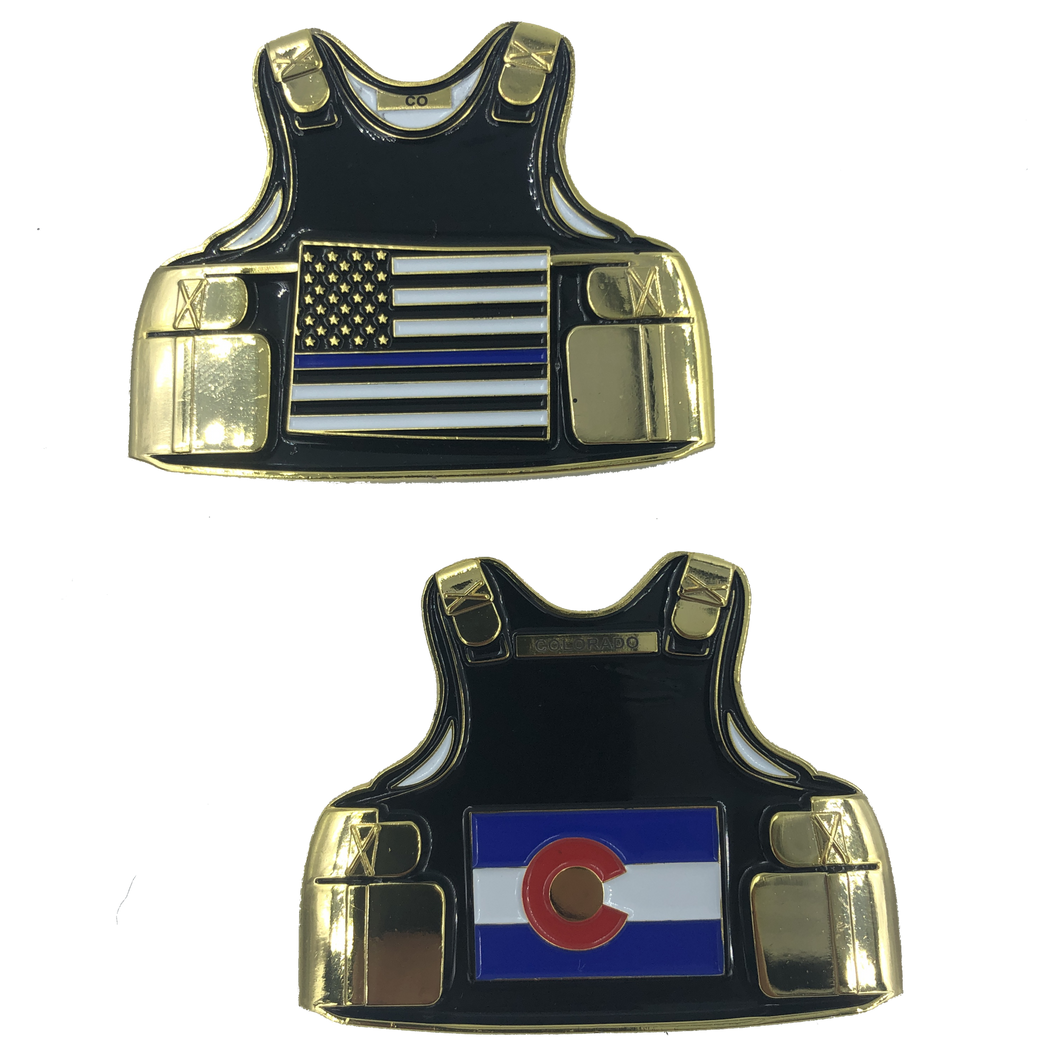 Colorado LEO Thin Blue Line Police Body Armor State Flag Challenge Coins D-007 - www.ChallengeCoinCreations.com