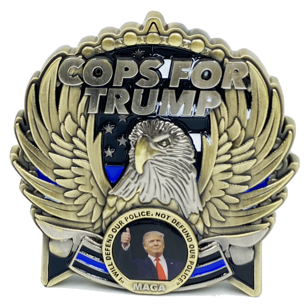 COPS for TRUMP 45th President Donald J. Trump MAGA Police Officer Thin Blue Line Mount Rushmore St. Michael White House American Flag EL5-017 - www.ChallengeCoinCreations.com