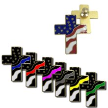 Load image into Gallery viewer, Thin Gold Line American Flag Cross USA Lapel pin Cloisonné 911 Dispatcher Emergency Yellow 013-P - www.ChallengeCoinCreations.com