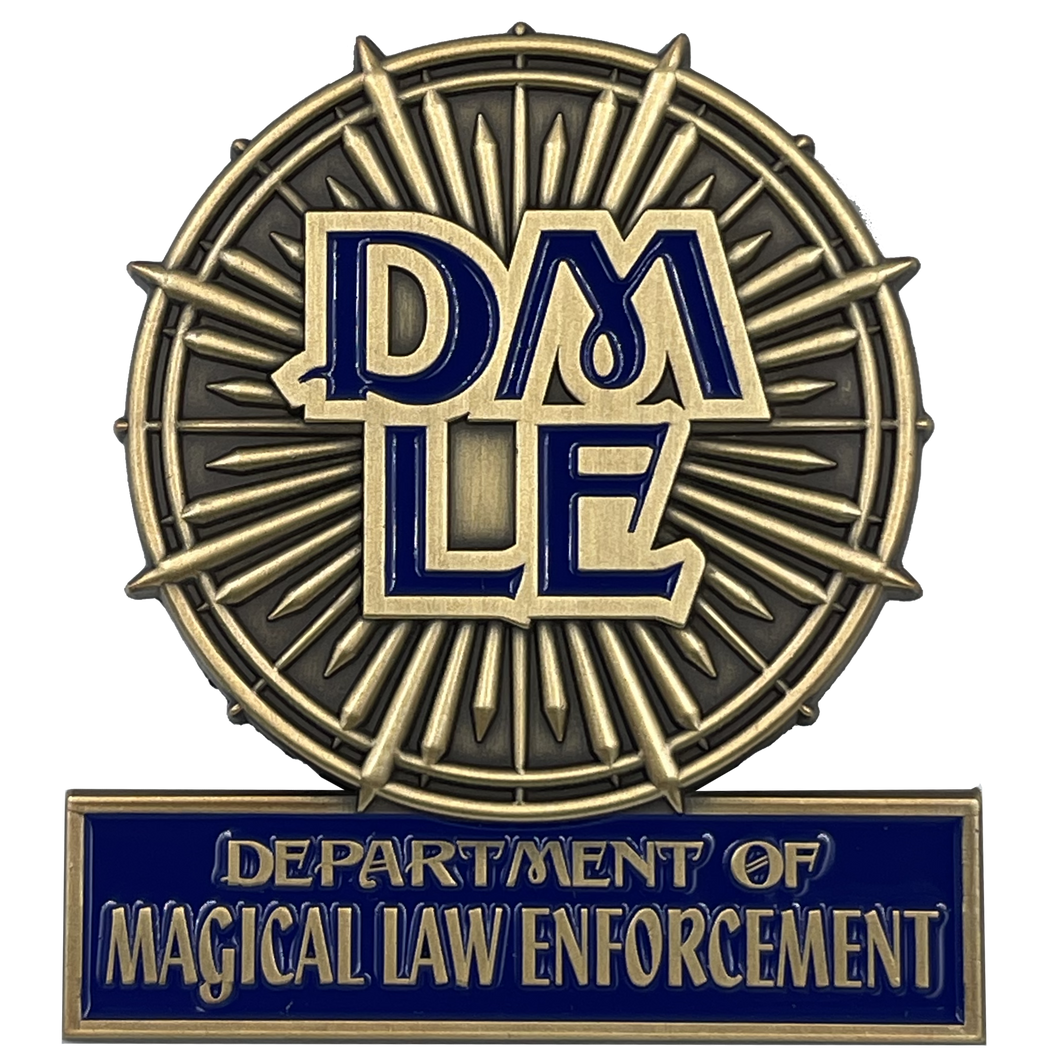 DMLE Ulick Gamp Police Department of Magical Law Enforcement Full Size Shield with hinged pin back BL3-011 - www.ChallengeCoinCreations.com