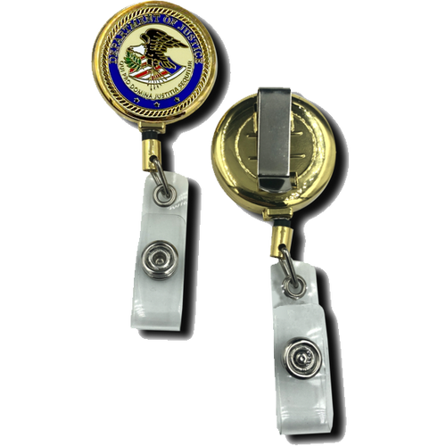 DOJ Department of Justice Retractable ID reel metal ID card holder Dept. CL-006 - www.ChallengeCoinCreations.com