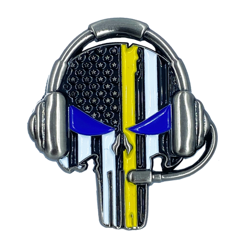 Dispatcher Skull Thin Gold Line Pin 911 Emergency Call Center M-19 - www.ChallengeCoinCreations.com