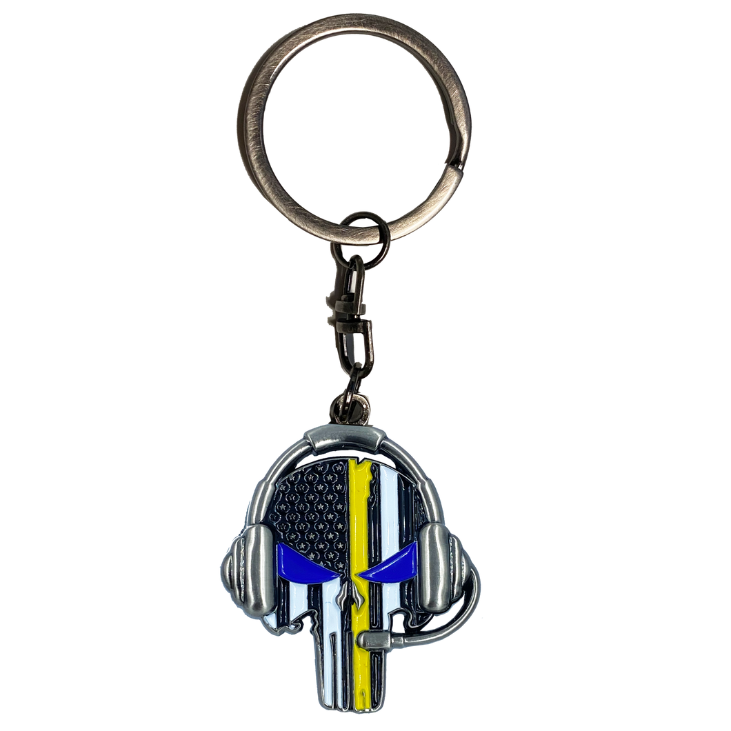 Keychain Dispatcher Skull Thin Gold Line 911 Emergency Call Center M-23 - www.ChallengeCoinCreations.com