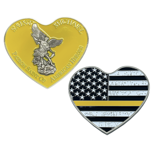 Thin GOLD Line St. Michael Heart Love Prayer Patron Saint of American Heroes 911 Dispatcher Emergency EL4-002 - www.ChallengeCoinCreations.com