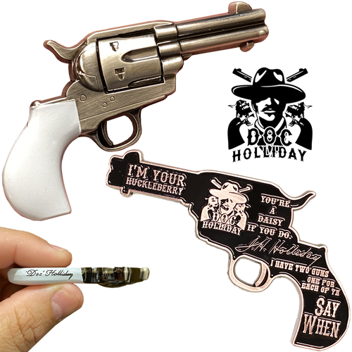Doc Holliday I'm Your Huckleberry ivory style grip nickel plated Model 1877 Colt Lightning Thunderer Challenge Coin EE-013 - www.ChallengeCoinCreations.com