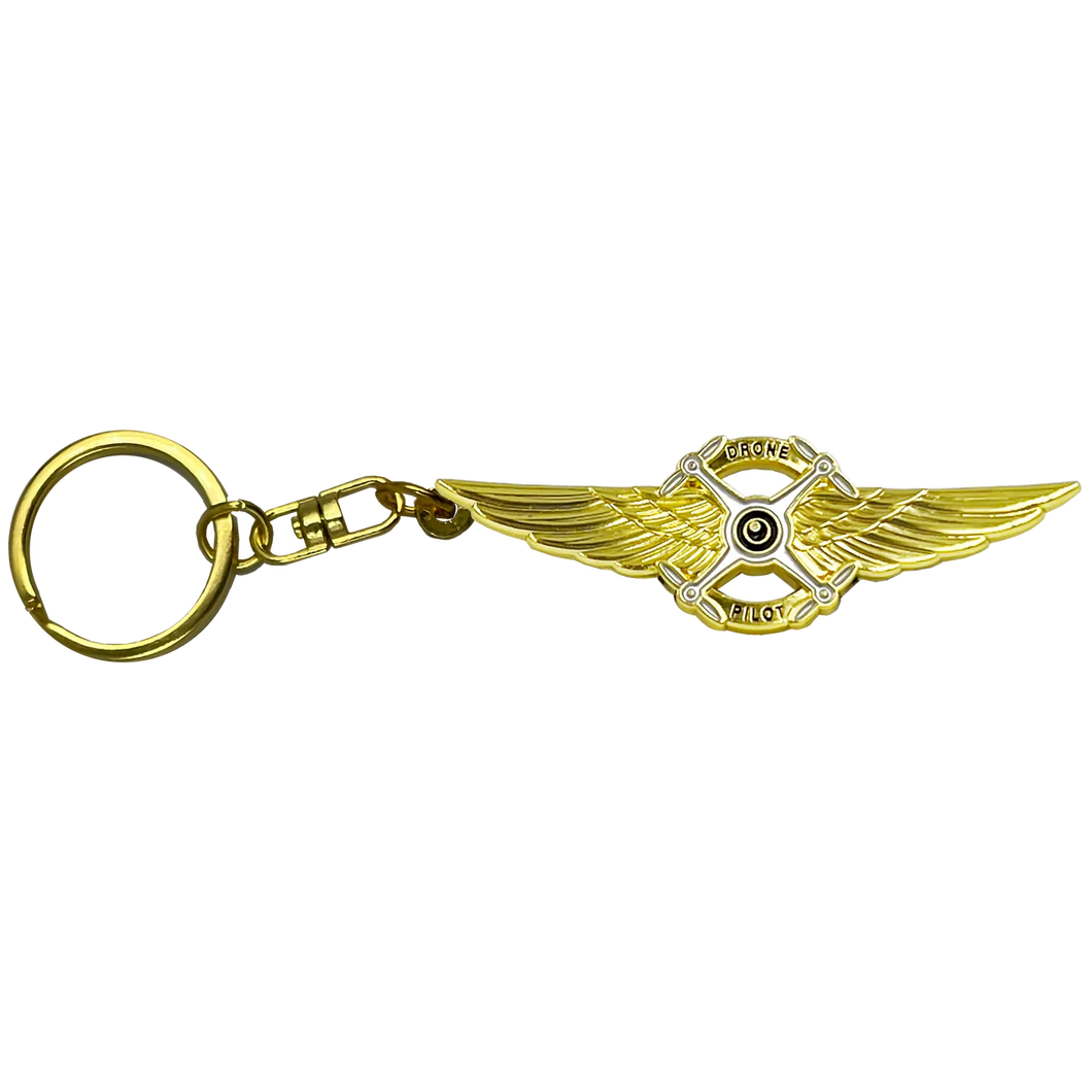 Full size UAS FAA Commercial Drone Pilot Wings keychain with 1 inch keyring on swivel attachment EL3-005 KC-035A