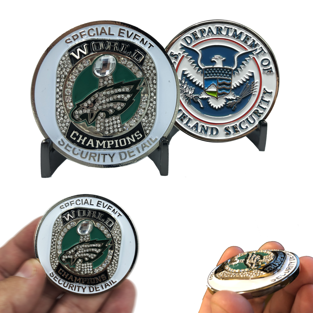 Philadelphia Eagles Super Bowl Ring with Crystal stones Homeland Challenge Coin Security detail BL7-014 - www.ChallengeCoinCreations.com