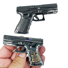 Load image into Gallery viewer, FBI inspired large 3 inch GLOCK Challenge Coin Medallion dual plated with black nickel and antique gold BL4-016 - www.ChallengeCoinCreations.com