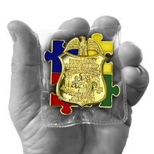 Load image into Gallery viewer, FBI Special Agent Intel Analyst Investigator Autism Awareness Month lapel pin puzzle pieces display like a challenge coin DL3-14 P-187