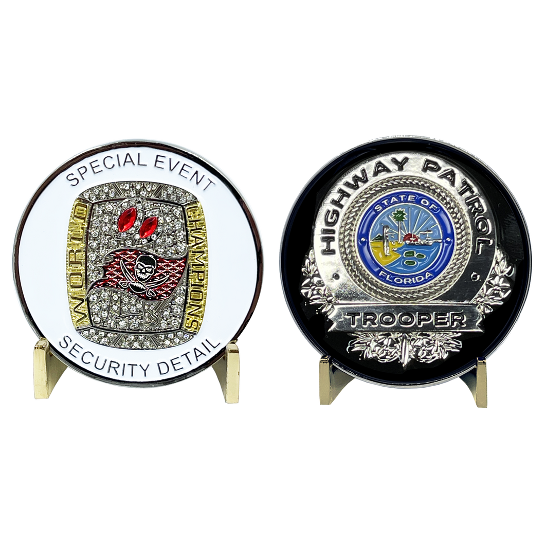 Tampa Bay Bucs FHP Trooper Police Florida Highway Patrol Buccaneers Special Event Security Detail Brady Ring Challenge Coin BL10-003 - www.ChallengeCoinCreations.com