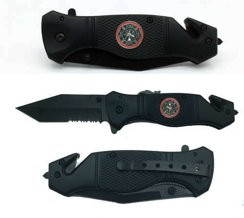 Maltese Cross Firefighter EMS Paramedic Collectible 3-in-1 Police Tactical Rescue Knife with Seatbelt Cutter, Steel Serrated Blade, Glass Breaker Thin Red Line 8-K - www.ChallengeCoinCreations.com