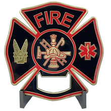 Load image into Gallery viewer, Large Fire Department Firefighter thin red line maltese cross EMT paramedic bottle opener coaster challenge coin BL2-005 - www.ChallengeCoinCreations.com