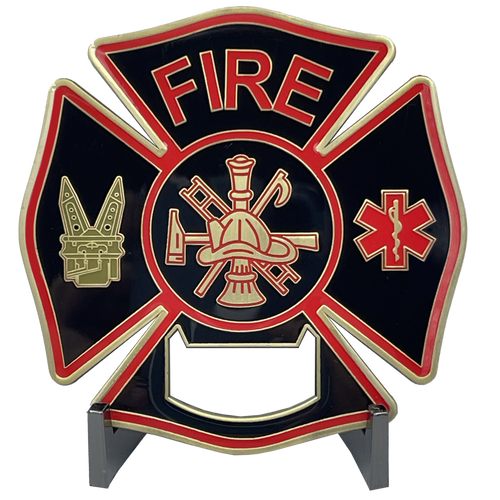 Large Fire Department Firefighter thin red line maltese cross EMT paramedic bottle opener coaster challenge coin BL2-005 - www.ChallengeCoinCreations.com
