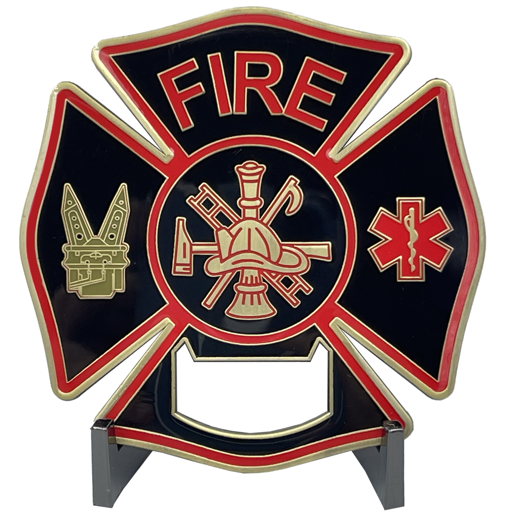 Large Fire Department Firefighter thin red line maltese cross EMT paramedic bottle opener coaster challenge coin BL2-005 - www.ChallengeCoinCreations.com