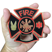 Load image into Gallery viewer, Large Fire Department Firefighter thin red line maltese cross EMT paramedic bottle opener coaster challenge coin BL2-005 - www.ChallengeCoinCreations.com