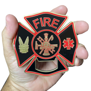Large Fire Department Firefighter thin red line maltese cross EMT paramedic bottle opener coaster challenge coin BL2-005 - www.ChallengeCoinCreations.com