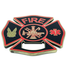 Load image into Gallery viewer, Large Fire Department Firefighter thin red line maltese cross EMT paramedic bottle opener coaster challenge coin BL2-005 - www.ChallengeCoinCreations.com