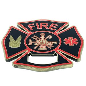 Large Fire Department Firefighter thin red line maltese cross EMT paramedic bottle opener coaster challenge coin BL2-005 - www.ChallengeCoinCreations.com