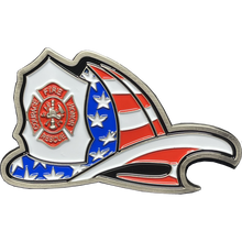 Load image into Gallery viewer, Maltese Cross Fire Department Helmet Bottle Opener Thin Red Line Flag Challenge Coin Fire Fighter BL15-016 - www.ChallengeCoinCreations.com