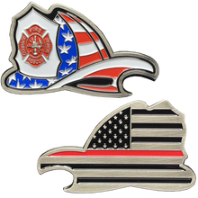 Load image into Gallery viewer, Maltese Cross Fire Department Helmet Bottle Opener Thin Red Line Flag Challenge Coin Fire Fighter BL15-016 - www.ChallengeCoinCreations.com