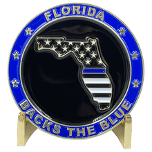 Load image into Gallery viewer, Florida BACKS THE BLUE Thin Blue Line Police Challenge Coin with free matching State Flag pin fhp Miami bso Sheriff cbp trooper BL3-002 - www.ChallengeCoinCreations.com