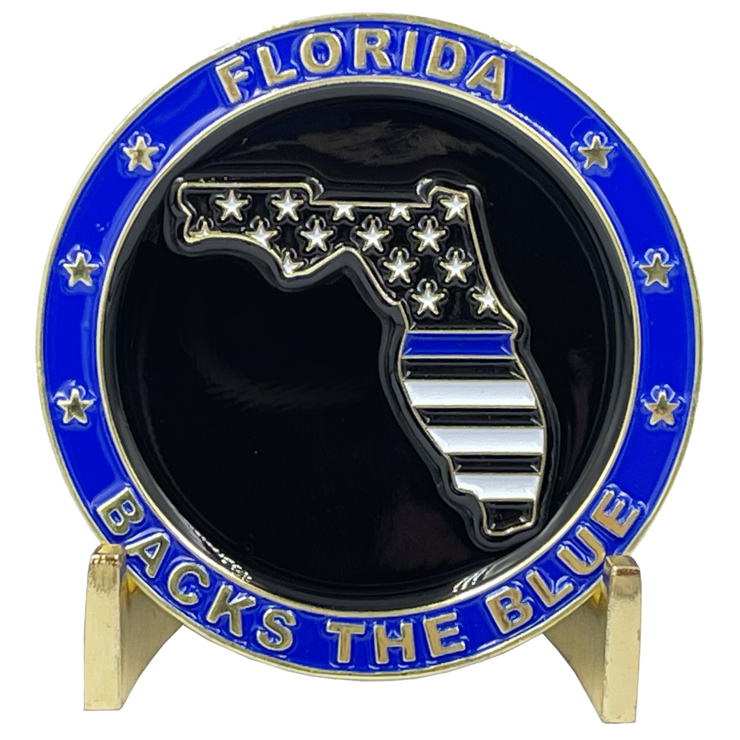 Florida BACKS THE BLUE Thin Blue Line Police Challenge Coin with free matching State Flag pin fhp Miami bso Sheriff cbp trooper BL3-002 - www.ChallengeCoinCreations.com