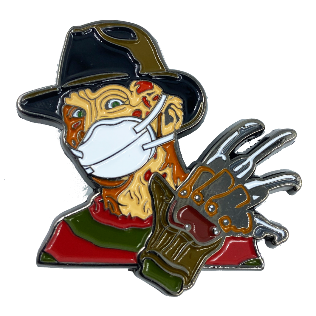 Nightmare on Elm Street Freddy Krueger Mask Pin with double pin back and spring loaded clasps Pandemic CL3-11 - www.ChallengeCoinCreations.com