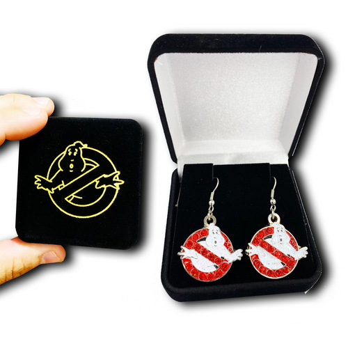 17-GB Ghostbusters crystal rhinestone and glitter earrings in velvet Mooglie No Ghost Box - www.ChallengeCoinCreations.com