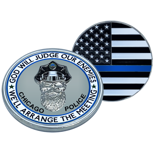Thin Blue Line Chicago Police God Will Judge BEARD GANG SKULL Challenge Coin CPD Police Department Back the Blue EL1-004 - www.ChallengeCoinCreations.com