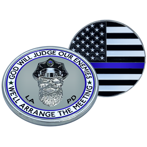 Thin Blue Line LAPD God Will Judge BEARD GANG SKULL Challenge Coin LOS ANGELES POLICE DEPARTMENT Back the Blue EL1-017 - www.ChallengeCoinCreations.com