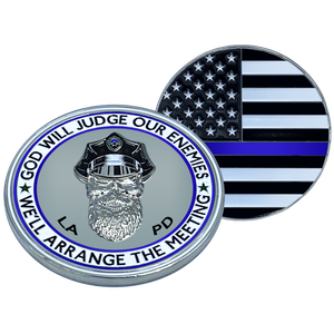 Thin Blue Line LAPD God Will Judge BEARD GANG SKULL Challenge Coin LOS ANGELES POLICE DEPARTMENT Back the Blue EL1-017 - www.ChallengeCoinCreations.com