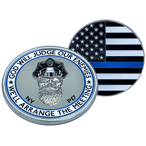 Thin Blue Line NYPD God Will Judge BEARD GANG SKULL Challenge Coin New York City Police Department Back the Blue EL1-003 - www.ChallengeCoinCreations.com
