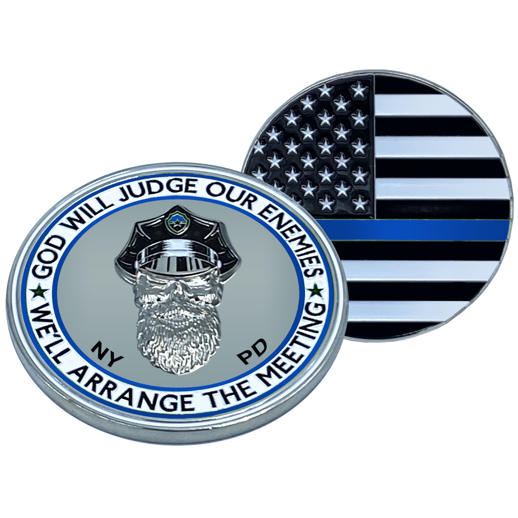 Thin Blue Line NYPD God Will Judge BEARD GANG SKULL Challenge Coin New York City Police Department Back the Blue EL1-003 - www.ChallengeCoinCreations.com