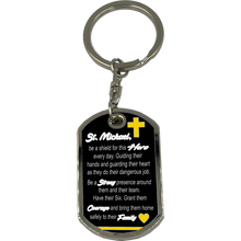 Load image into Gallery viewer, 911 Emergency Police Dispatcher Thin Yellow Line Prayer Saint Michael Corrections Protect Us Matthew 14:30 Challenge Coin Dog Tag Keychain Thin Gold Line GL6-007 KCDT-12A