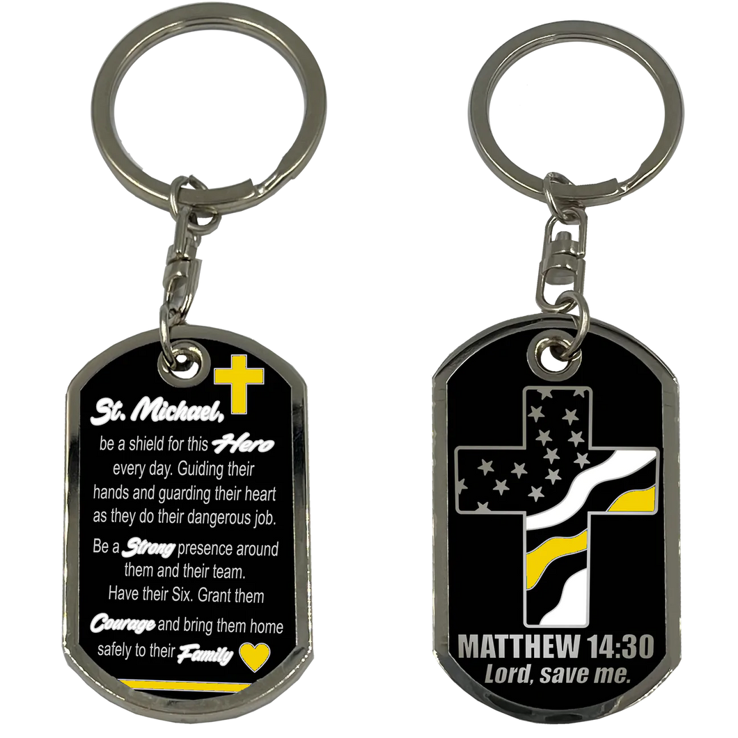 911 Emergency Police Dispatcher Thin Yellow Line Prayer Saint Michael Corrections Protect Us Matthew 14:30 Challenge Coin Dog Tag Keychain Thin Gold Line GL6-007 KCDT-12A