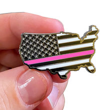 Load image into Gallery viewer, Thin Pink Line U.S. Map Pin with 2 pin posts and deluxe pin clasps Breast Cancer Awareness Police Military Uniform P-026 - www.ChallengeCoinCreations.com
