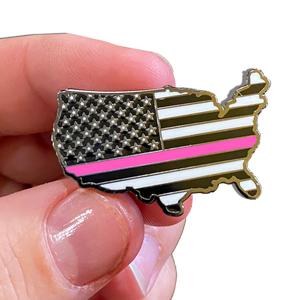 Thin Pink Line U.S. Map Pin with 2 pin posts and deluxe pin clasps Breast Cancer Awareness Police Military Uniform P-026 - www.ChallengeCoinCreations.com